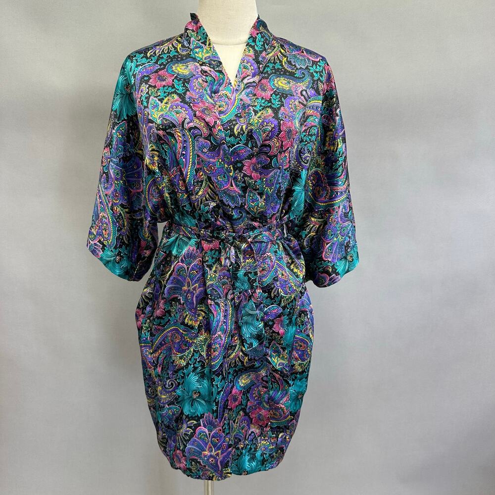 Vintage 90s Frederick's of Hollywood paisley print short satin robe size medium